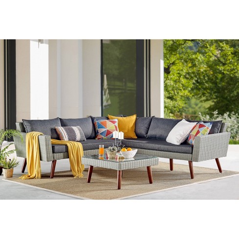 2pc All Weather Wicker Albany Outdoor Corner Sectional Sofa With Coffee Table Brown Alaterre Furniture