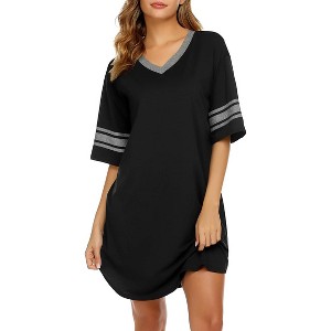 Ekouaer Womens Nightgown Cotton Sleepwear Short Sleeve Sleep Shirt V Neck Color Block Nightshirt - 1 of 4