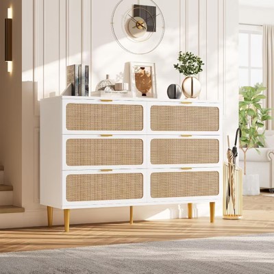 Dresser for Bedroom with 6 Drawers, 31.5" Farmhouse Chest of Drawers Closet with Metal Handle, Wooden Dresser Organizer, for Bedroom, Living Room