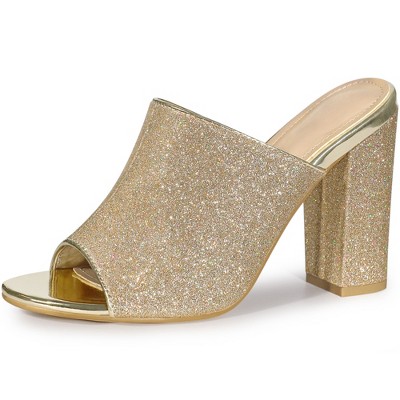 Perphy Women's Glitter Slip-on Chunky Heels Mule Sandal