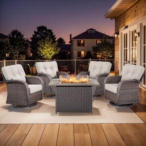 Buenhomino 5 Pieces Patio Wicker Furniture Set - 4 Outdoor Swivel Rocker Glider Chairs with Propane Fire Pit Table - 1 of 4