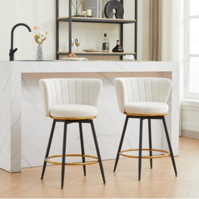 Beige 26" High Bar Stool, Set of 2, 360° Swivel Upholstered Bar Stool