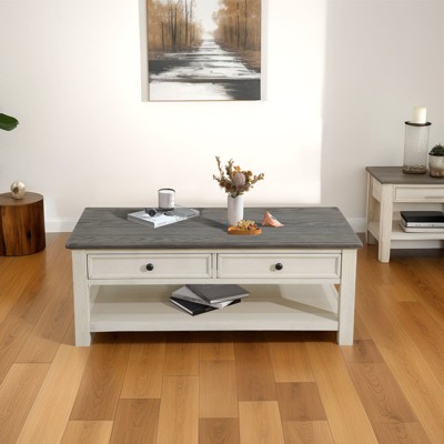 Etelifrank Modern Storage White Oak Drawer Coffee Table - Rustic Farmhouse Living Room Centerpiece