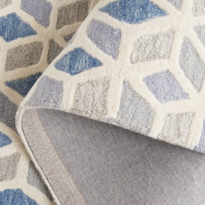 Ivory and Blue Hand-Tufted Wool Geometric Rug, 3' x 5'