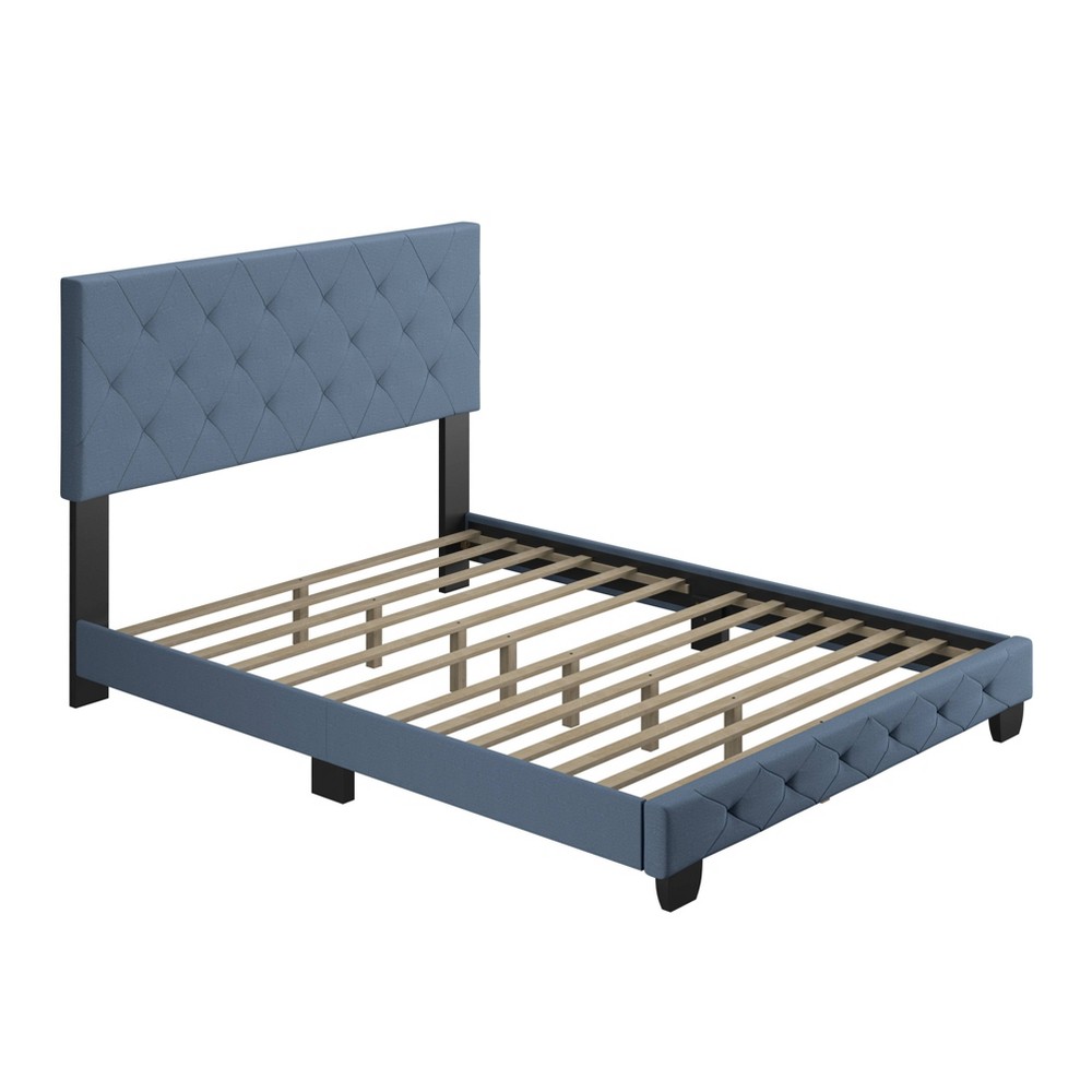 Photos - Bed King Reese Button Tufted Linen Upholstered Platform  Frame Blue - Eco D