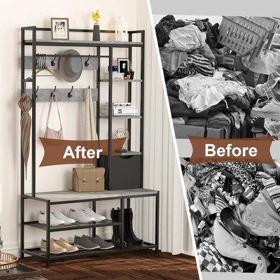 Coat Rack, Hall Tree with Bench and Shoe Storage