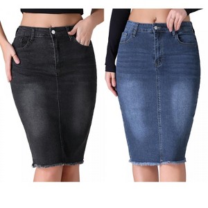 INSPIRE CHIC Women's Raw Hem High Waisted Pockets Stretch Knee Length Jean Denim Skirt 2 Packs - 1 of 4