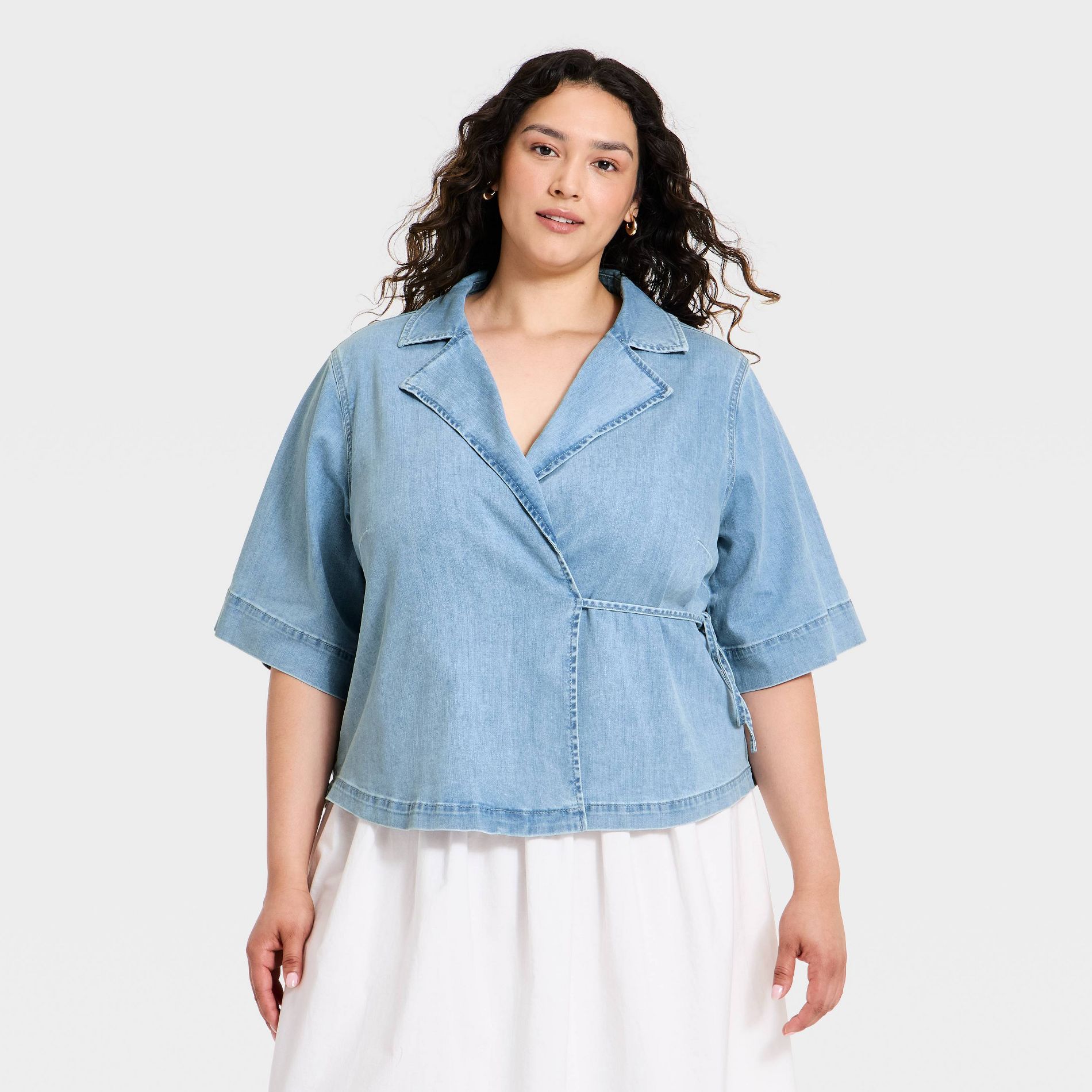 Women's Short Sleeve Denim V-Neck Wrap Top - Ava & Viv™ Light Wash