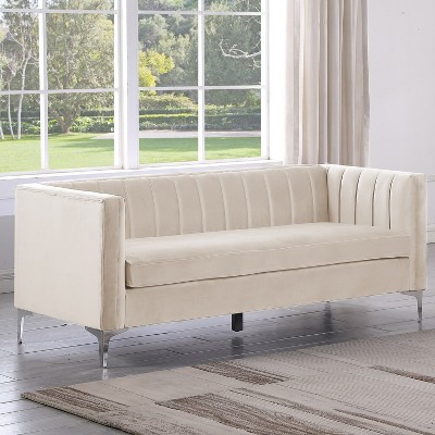 Beige Velvet Tufted Track Arm Sofa with Chrome Legs