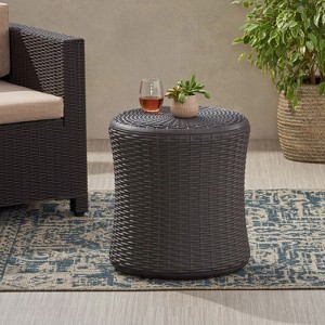 GDFStudio Lockbourne Outdoor Polypropylene Resin Round Storage Side Table, Dark Brown - 1 of 4