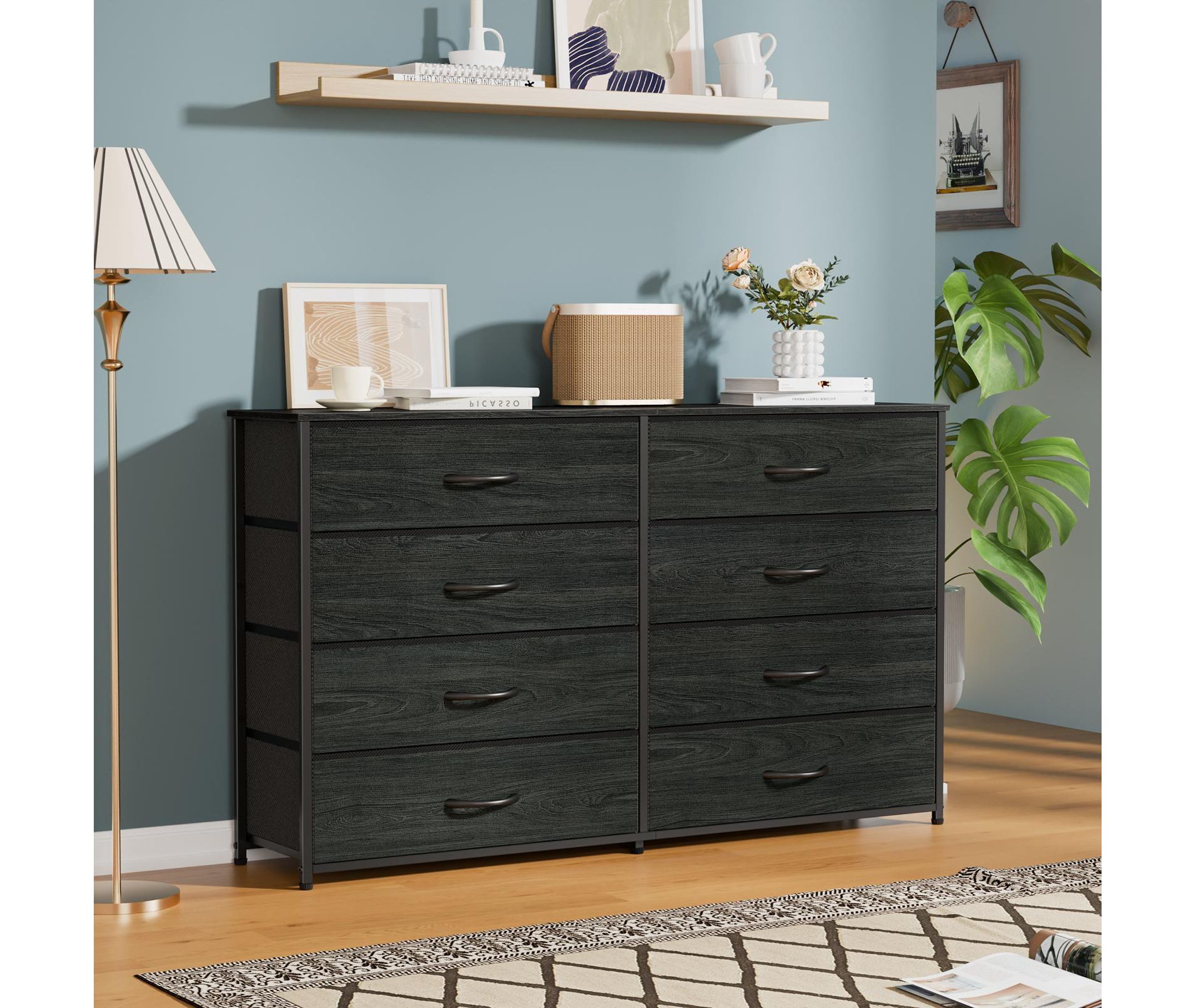 Qwatto Wide Fabric Dresser for Bedroom 8 Drawer Storage Chest 55 Inch TV Stand Entertainment Center Wood Top Organizer Unit Living Room Hallway