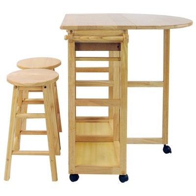 3 Piece Breakfast Cart Set with 2 Stools Wood/Natural