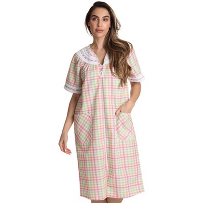 Dreamcrest Womens Short Sleeve Duster, Seersucker Plaid Housecoat/Women Sleepwear Zip Front Nightgown
