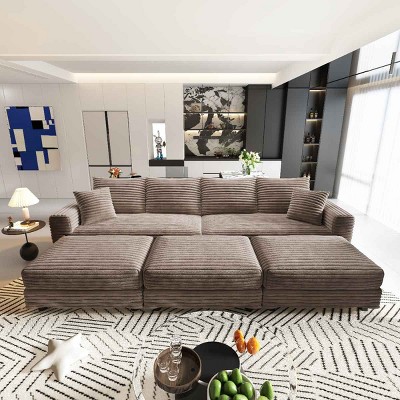 102.4 Inch Convertible Lounge Sofa with 3 Ottomans, 4-Seat Cloud Couch with Cushions, Corduroy Lounge Sofa with Wood Frame-Coolbibila