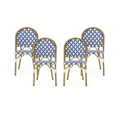 Louna 4pk Outdoor French Bistro Chairs with Bamboo Finish - Blue/White - Christopher Knight Home