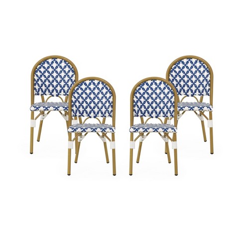 Louna 4pk Outdoor French Bistro Chairs with Bamboo Finish Blue White Christopher Knight Home