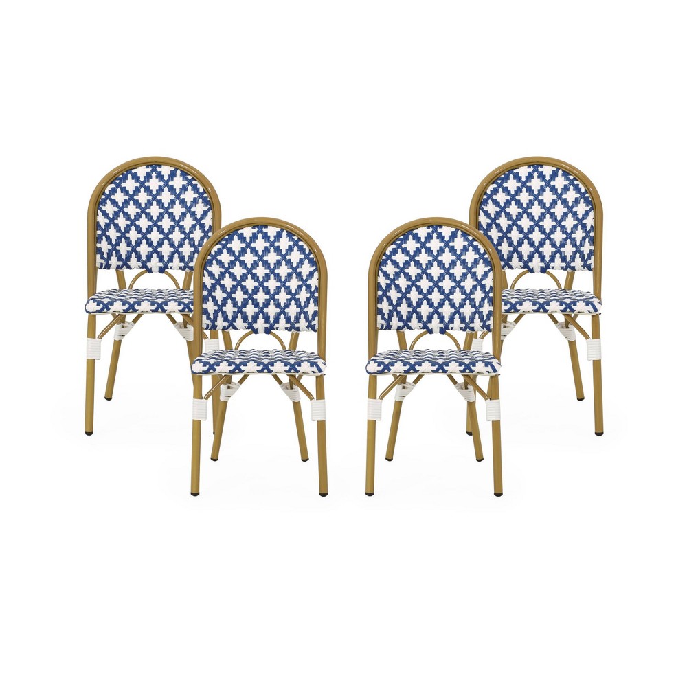 Photos - Chair Louna 4pk Outdoor French Bistro  with Bamboo Finish - Blue/White - C