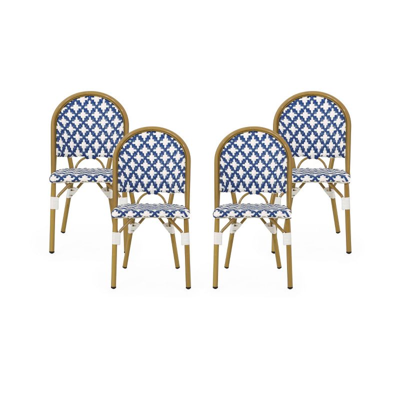Louna 4pk Outdoor French Bistro Chairs with Bamboo Finish - Blue/White - Christopher Knight Home, 1 of 12