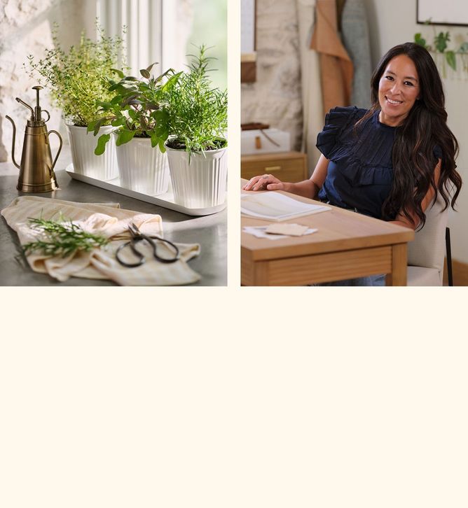 Left image: Fluted metal planter holds various herbs and sits on a counter next to a copper plant mister and plant snipper.
Right image: Joanna sits at a desk. There is a bud vase and calendar on the walls behind her.