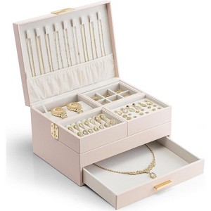 3-Layer Jewelry Box with Retractable Tray and Drawer, Cloud White - 1 of 4