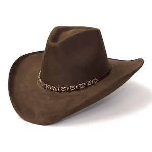 Western Express Brown Suede Finish Western Pinch Front Hat with Beaded Leather Roped Hat Band - 1 of 4