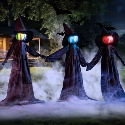 Joyfy Halloween Light-Up Witch Yard Stakes (3 Pack), 51" Flying Witches with Sound Activation for Yard Lawn Garden Decor, Multicolored Lawn Stakes