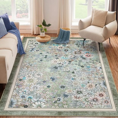 Machine Washable Boho Rug - Non-Slip Vintage Floral Low Pile Area Carpet for Living Room, Bedroom, Dining, Farmhouse, Playroom