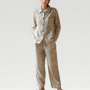Anna-Kaci Lounge Women's Satin Striped Pajama Set with Button Up Long Sleeve Shirt and Illustrated Tree Print Pants - 1 of 4