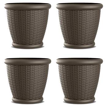 Suncast Willow 18-Inch Diameter Durable and Lightweight Decorative Wicker Patio Planter Pot with Drillable Drain Holes, Java (4 Pack)