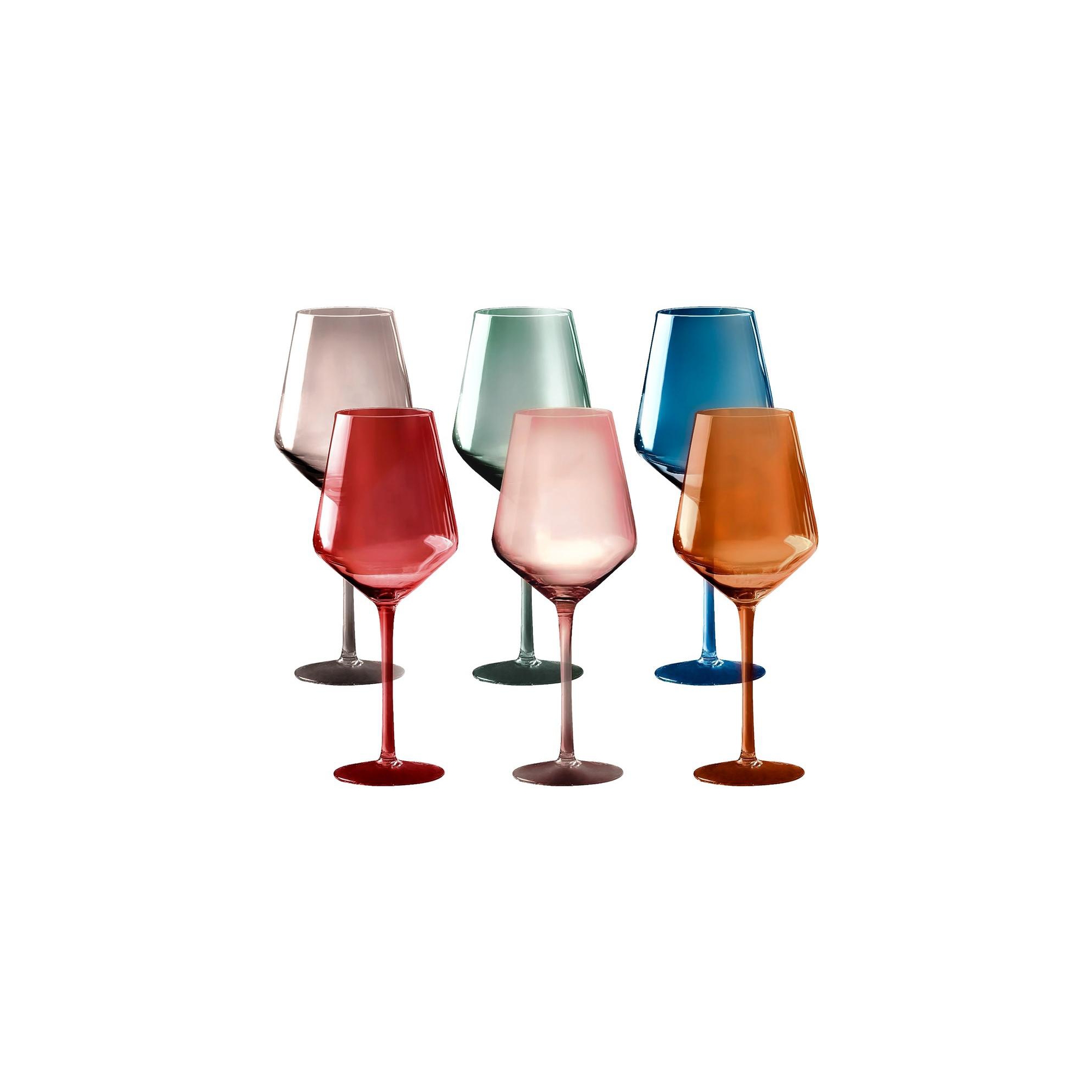 Bella Vino Set of 6 Multi Colored Crystal Wine Glasses - 18oz.
