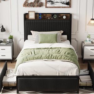 Double bed frame with 2 drawers for storage and charging space, platform bed frame with linoleum flooring and storage headboard - 1 of 4