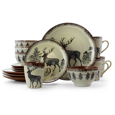 16pc Stoneware Forest Cabin Dinnerware Set Brown - Elama