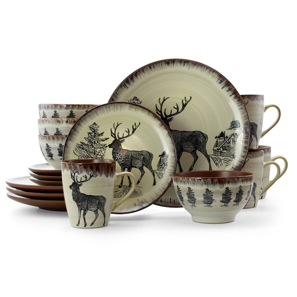 Photos - Other kitchen utensils 16pc Stoneware Forest Cabin Dinnerware Set Brown - Elama