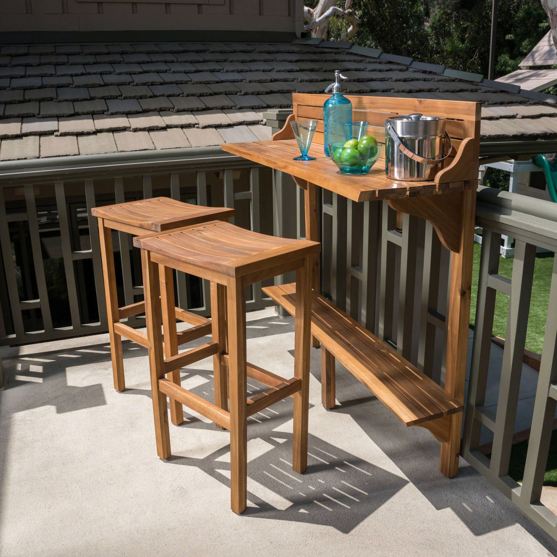 Caribbean 3pc Acacia Wood Patio Bar Set - Natural - Christopher Knight Home: Balcony Furniture, Weather-Resistant