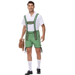 Men's Retro 2-Piece Outfit - Shorts Jumpsuit with Floral Straps and White V Neck Shirt Vintage Costume for Parties - 1 of 4
