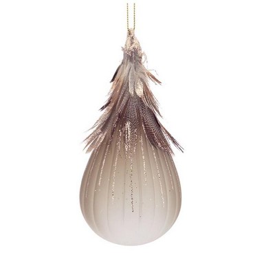 Melrose 6" Frosted Glass Tear Drop with Feathers Christmas Ornament - Bronze