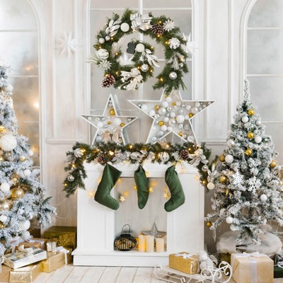 6 FT Pre-Lit Holiday Garland with 20 LED Lights for Front Door, Red & White Christmas Decoration with Bows, Berries, Ball Ornaments Xmas Flowers