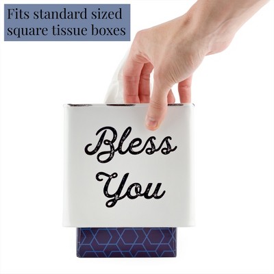 White Enamelware Square Tissue Box Cover with Bless You Text
