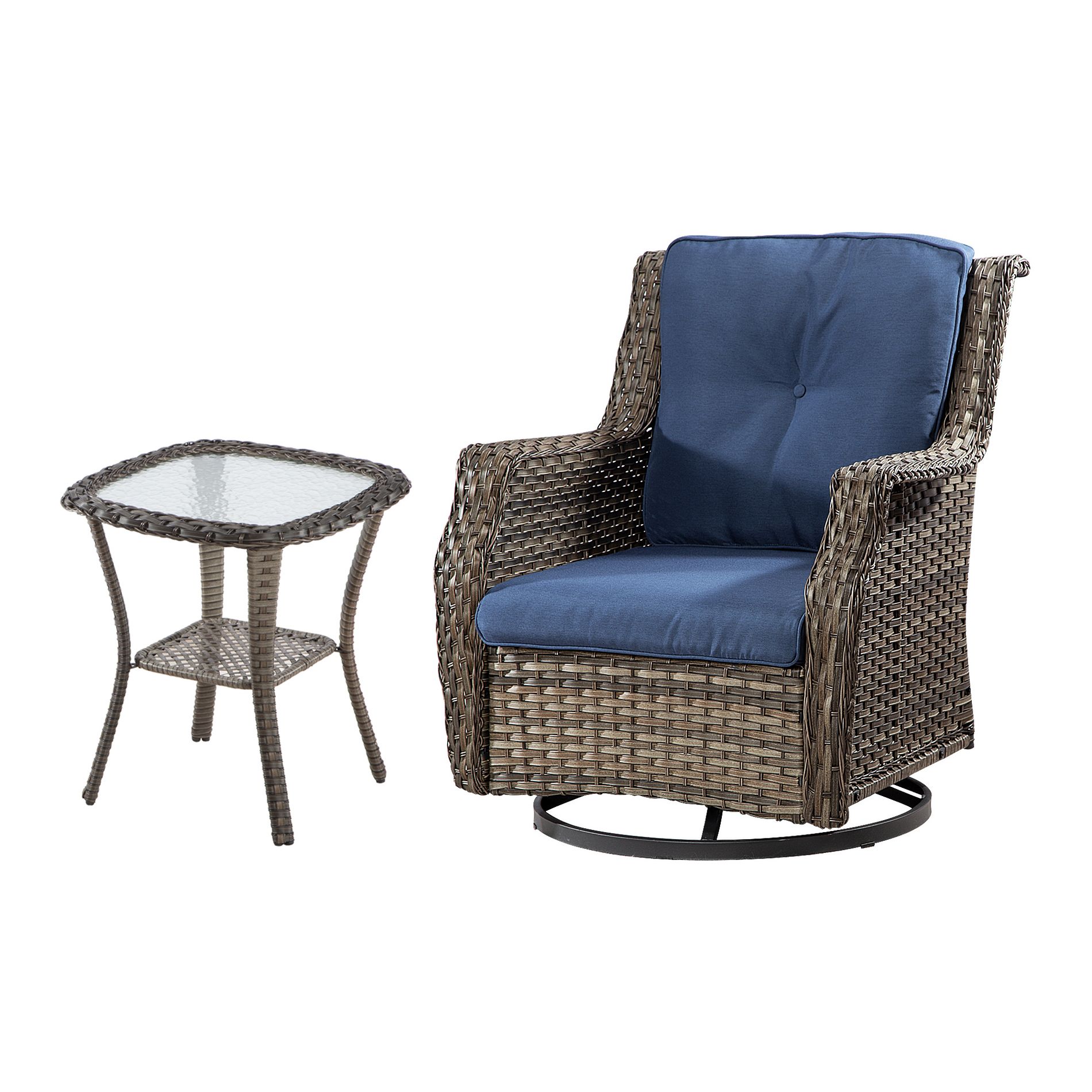 YARDSIGHT 2-Piece Outdoor Wicker Swivel Glider Chair Set with Red Cushions and Glass Table for Patio or Garden