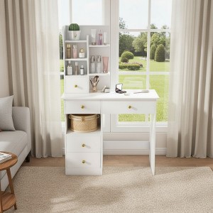 FONTOI 31.5"W Makeup Vanity Table Desk with Movable Hidden Mirror 5 Drawers Storage Organizer for Bedroom Dressing Room, White, 31.5"*14.96"*49.21" - 1 of 4
