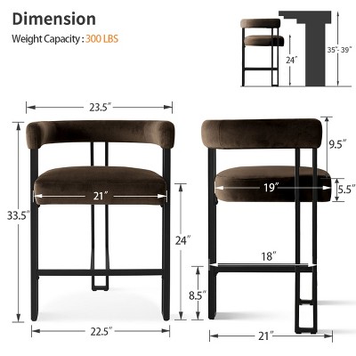 Diagram with dimensions for the brown velvet counter height bar stool