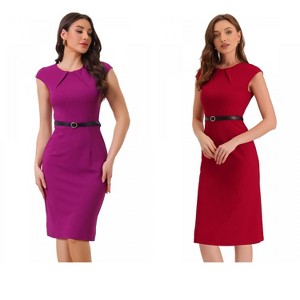 INSPIRE CHIC Women's Elegant Business Round Neck Belted Cap Sleeve Work Sheath Dresses 2 Packs - 1 of 4