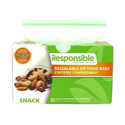 Responsible Products Resealable Snack Size Zip Food Storage Bags Compostable - Box of 92