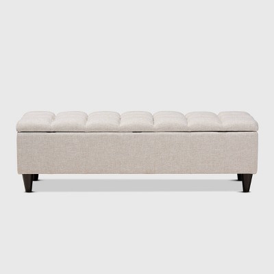 Beige Tufted Fabric Storage Bench with Dark Wood Legs