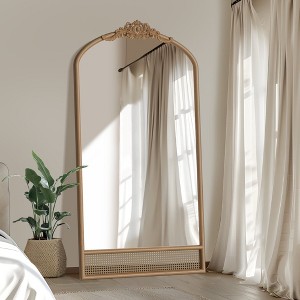Dovelina Arch Wood Frame Carving Decorative Wall Mirror Bottom with Rattan Hanging Mirror - 1 of 4