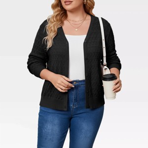 Womens Plus Size Caridigan Lightweight Crohcet Cardigan Ribbed Cuff Front Button Down Long Sleeve Sweater with V Neck - 1 of 4