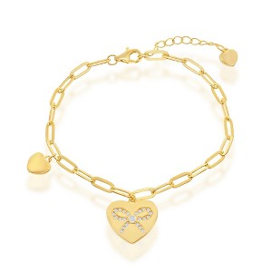 Bella Silver Sterling Silver Heart with CZ Ribbon Paperclip Bracelet - Gold Plated - Gold - 6+1 Inch - 1 of 2
