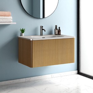 30" Wall-Mounted Floating Bathroom Vanity with Striped White Texture, Glossy White Integrated Ceramic Sink, Push-Open Drawer - 1 of 4