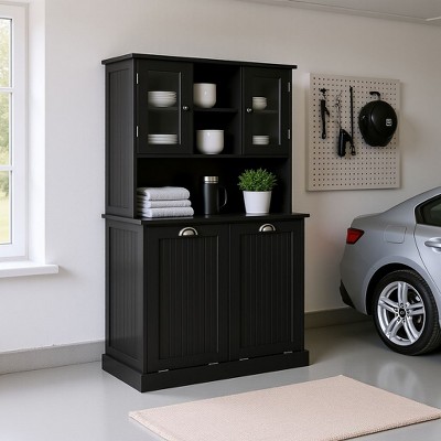 Homy Casa Storage Hutch Cabinet with Upper Shelves and Double Door Base for Entryway or Hallway Organization, Black