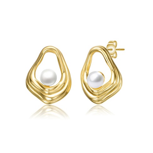 Guili Modern Sterling Silver 14K Gold-Plated Abstract Shell Freshwater Pearl Earrings – A Unique Fusion of Contemporary Design and Natural Elegance - image 1 of 2